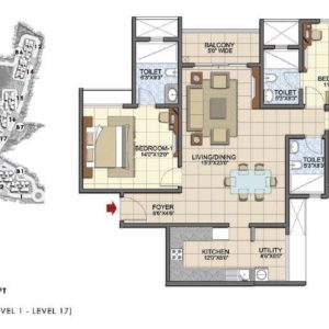 Type D7 3 BHK Prestige Song of the south Floor Plan