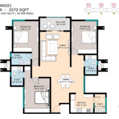 Pebble Bay Koramangala 3 Bedroom Large - 2070 sq.ft floor plan