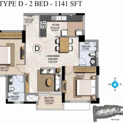 Prestige Misty Waters 2 Bedroom Floor Plan