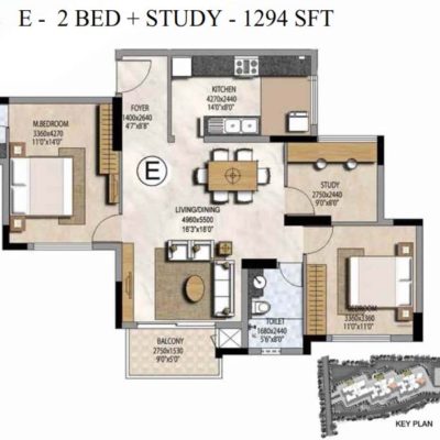 Prestige Misty Waters 2Bedroom + Study Floor Plan