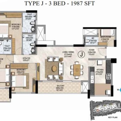 Prestige Misty Waters 3 BHK Floor Plan