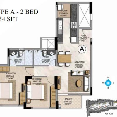 Prestige Misty Waters 2 BHK Floor Plan